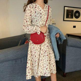 Floral Long-sleeve A-line Dress Almond - One Size