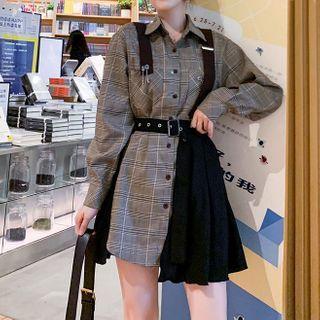 Set: Plaid Long-sleeve Shirt + Plain Mini A-line Skirt