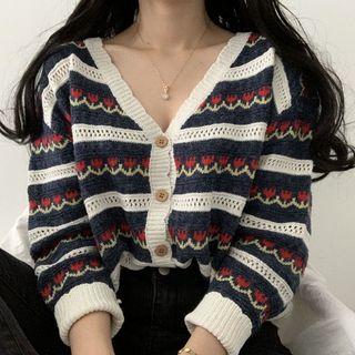 Flower Patterned V-neck Cardigan