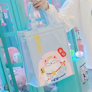 Fortune Cat Print Insulated Lunch Bag Lucky Cat - Blue - L