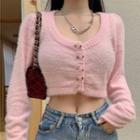 Long-sleeve Rose Button Cropped Knit Cardigan Pink - One Size
