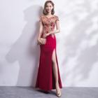 Embroidered Side Slit Short Sleeve Evening Gown