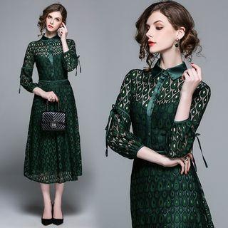 Lace 3/4 Sleeve Collared Midi Dress