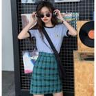 Embroidered Short-sleeve T-shirt / Plaid Mini Skirt