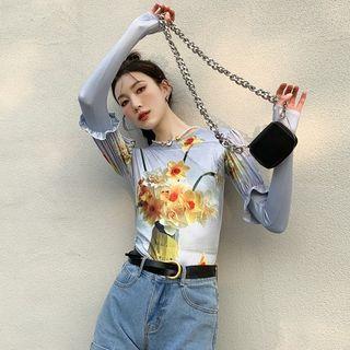 Long-sleeve Flower Print T-shirt Light Gray - One Size