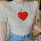 Heart Embroidered Short-sleeve Knit Top Almond - One Size
