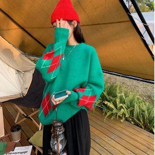 Argyle Loose-fit Knit Sweater Grass Green - One Size