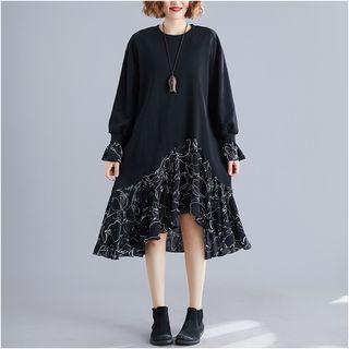 Mock Two-piece Long-sleeve Dress Black - L