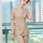 Short-sleeve Double-breasted Striped Blazer / Skinny Pants / Camisole Top