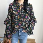 Tie-neck Ruffle-trim Floral Blouse