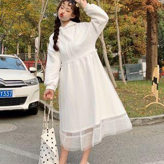 Mesh Overlay A-line Midi Hoodie Dress White - One Size