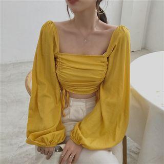Cropped Puff-sleeve Drawstring Blouse