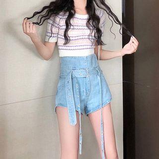 Set: Short-sleeve Striped Knit Top + Belted Denim Shorts