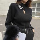Chain-accent Keyhole Knit Top Black - One Size