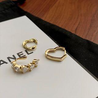 Set: Heart Hoop Earring + Rhinestone Ear Cuff + Twisted Ear Cuff Set Of 3 - Gold - One Size