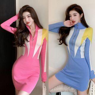 Turtleneck Color Block Half-zip Knit Mini Sheath Dress