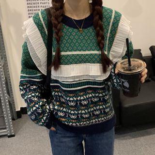Pattern Frill Trim Sweatshirt Green & Black - One Size
