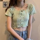 Short-sleeve Bow-accent Cropped Knit Top