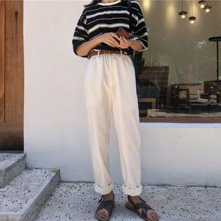 Short-sleeve Striped T-shirt / Straight Cut Pants