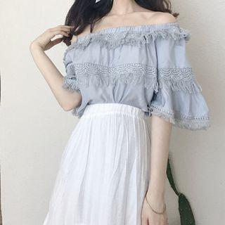 Fringe Trim Elbow-sleeve Top / A-line Midi Skirt