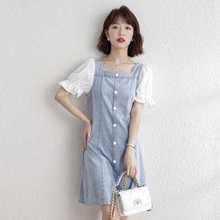 Puff Sleeve Square Neck Denim Panel Mini Shift Dress