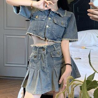 Short-sleeve Fringed Trim Cropped Denim Jacket / Pocket Detail Mini A-line Skirt