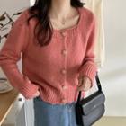 Square-neck Puff-sleeve Cardigan