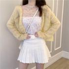Set: Open-knit Cardigan + Print Top + Pleated Skirt