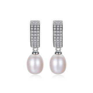 Sterling Silver Bright And Elegant Geometric White Freshwater Pearl Earrings With Cubic Zirconia Silver - One Size