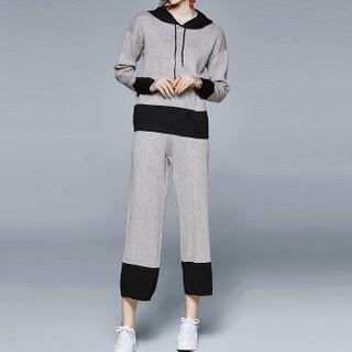 Set: Color Panel Knit Hoodie + Wide-leg Pants