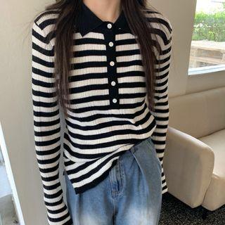 Striped Knit Polo Top Stripe - Black & White - One Size