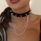 Studded Fringed Faux Leather Choker 4620 - Silver - One Size