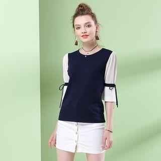 3/4 Sleeve Tie-up Panel Knit Top