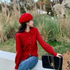Ribbed Polo-neck Cardigan Red - One Size