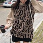 Leopard Pattern Knit Vest / Lantern-sleeve Blouse
