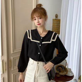 Lace Trim Collared Long-sleeve Plain Blouse
