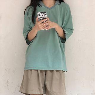Elbow-sleeve V-neck Collared T-shirt Bean Green - One Size