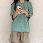 Elbow-sleeve V-neck Collared T-shirt Bean Green - One Size