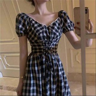 Puff-sleeve Lace-up Check Midi A-line Dress
