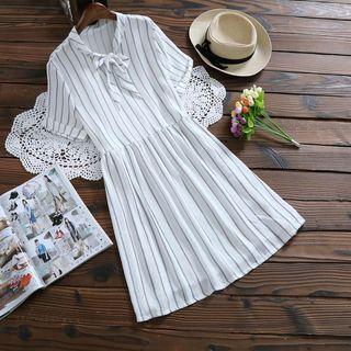 Bow Pinstripe Short-sleeve Dress