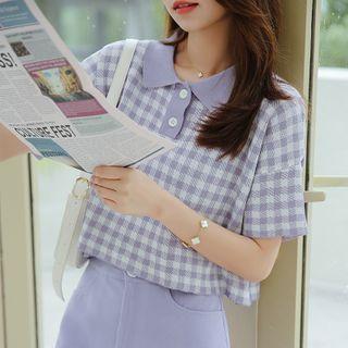 Plaid Short-sleeve Cropped Knit Polo Shirt Purple - One Size
