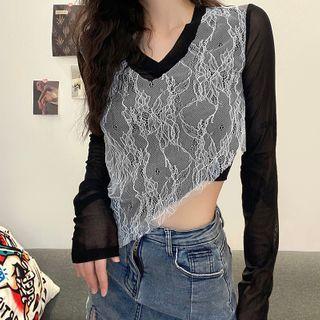 Long-sleeve Asymmetric Mesh Lace Top
