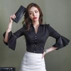 Set : Bell-sleeve V-neck Blouse + Slit Midi Skirt