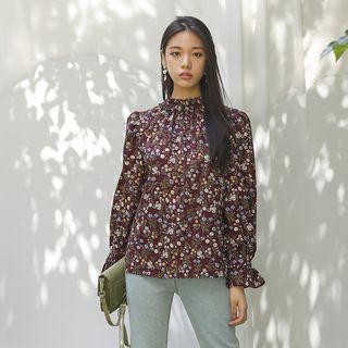 Mock-neck Floral Print Top Burgundy - One Size