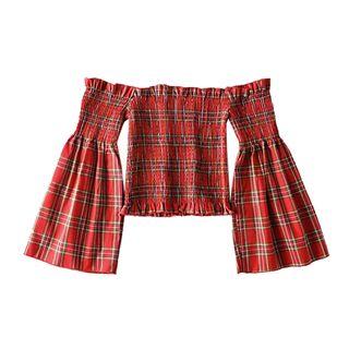 Plaid Off-shoulder Bell-sleeve Cropped Top