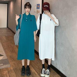 Elbow-sleeve Rabbit Embroidered Collared Midi T-shirt Dress