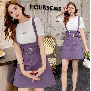 Set: Short-sleeve Lettering Embroidered Frill Trim T-shirt + Mini Suspender Skirt