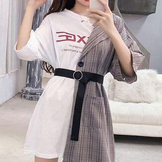 Mock Two-piece Lace-up Midi Plaid Panel Lettering Printed Dress