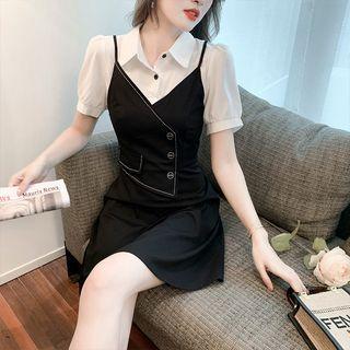 Mock Two-piece Short-sleeve Rhinestone Trim Mini Shirt Dress