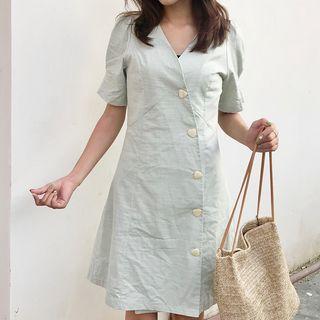 Short-sleeve Diagonal-buttoned A-line Dress